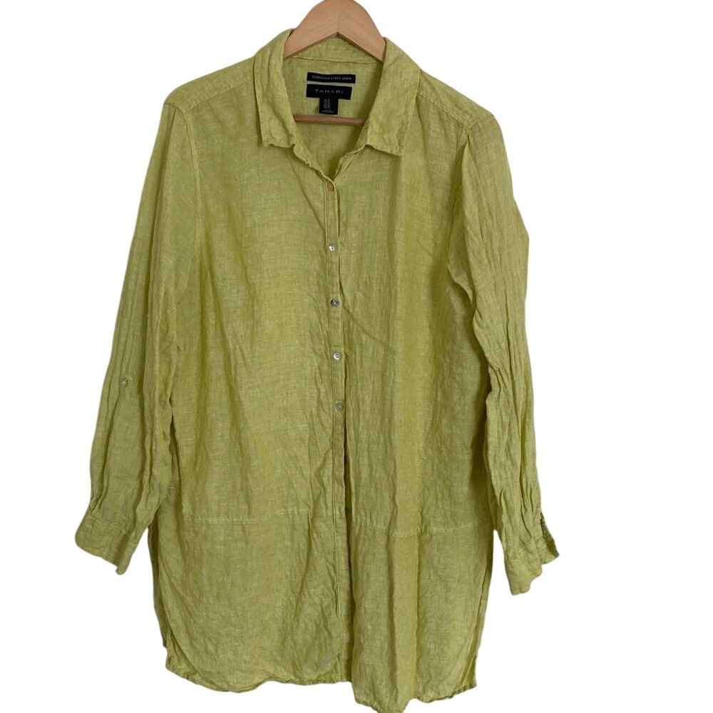 Tahari Womens Button Front Linen Tunic Shirt Size 1X Long Sleeve Yellow Green